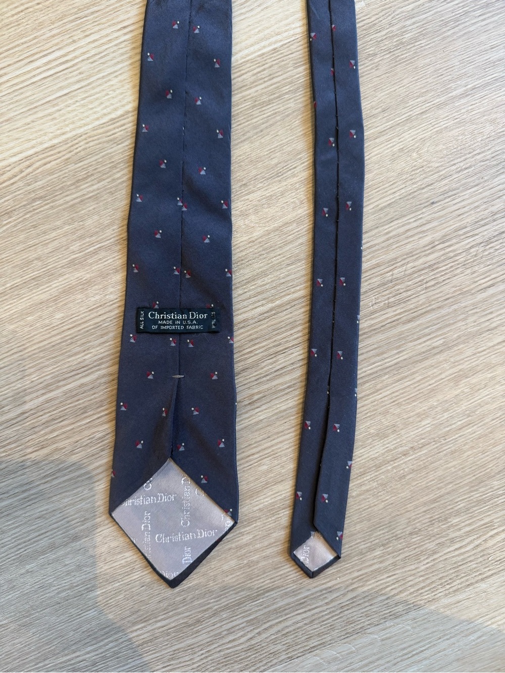 Men Christian Dior Navy SILK Tie with Small Red and White Motifs